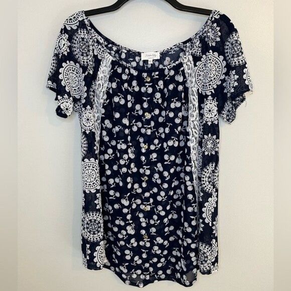 Siren Lily Maternity Navy Blue Floral Print Short Sleeve Top Size Large - Picture 1 of 5